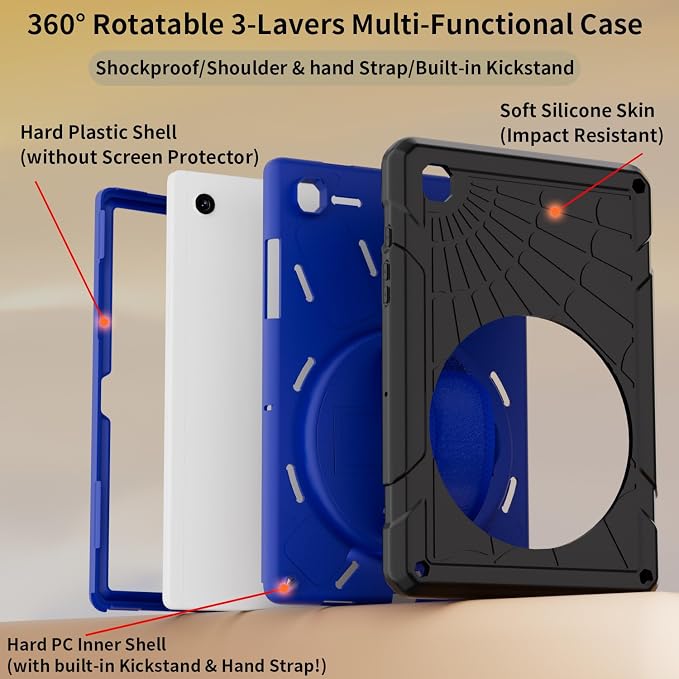 Case for Samsung Galaxy Tab A8 10.5'' Sturdy Heavy Duty Full-Body Shockproof Protective Case 360° Rotating Stand Hand/Shoulder Strap (Black+Blue)