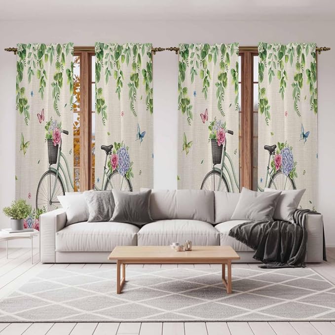 Farmhouse Spring Kitchen Curtains, Retro Bicycles Flowers Vines Butterfly Light