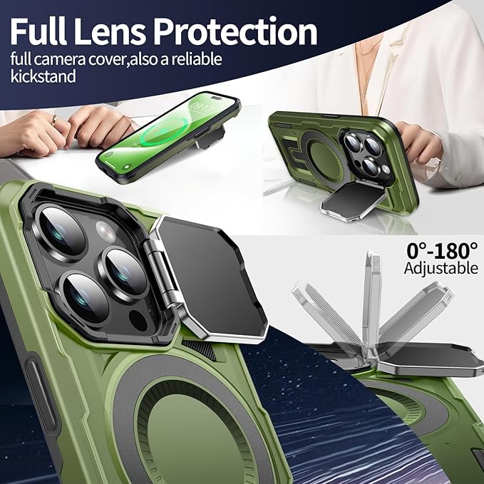 Camera Stand Case for iPhone 15 Pro Max, [Compatible with Mag Safe] [Lens Cover] 2024 Version Military Grade Protective Soft Case for iPhone 15 Pro Max 6.7 inch Men Women, Green