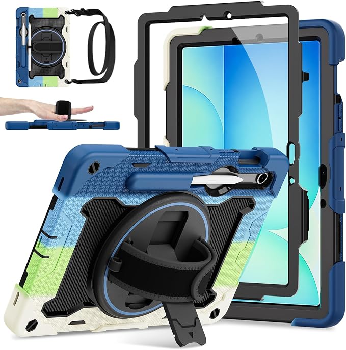 Galaxy Tab S10 Lite/S10 FE/S9 FE 5G/S9 Case 10.9/11 inch | with Screen Protector 360° Rotating Kickstand Hand/Shoulder Strap Heavy Duty Shockproof Cover S Pen Holder Kids Friendly