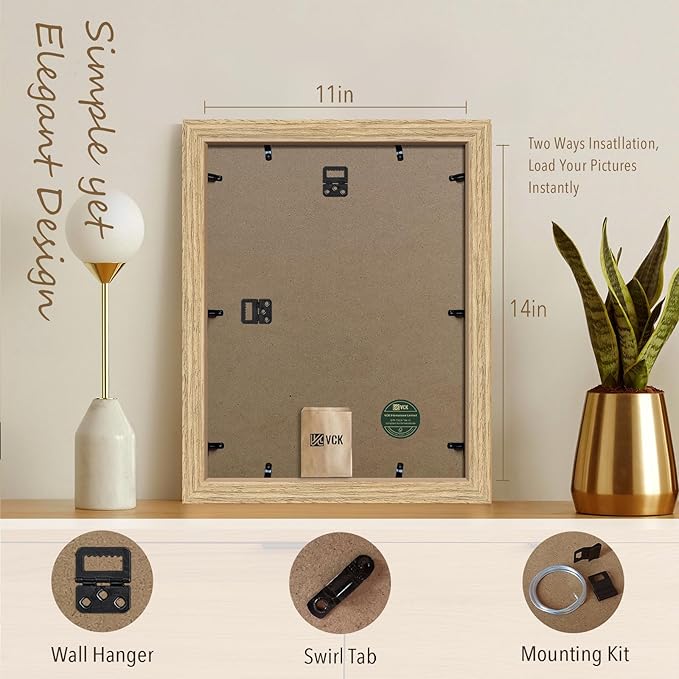 VCK 11x14 Beige Oak Picture Frames 3 Pack, High-End Wood Wide Border Poster Frame, Multi-Directional Display Family Photos, Office Prints, Studio/Gallery/Home Artwork