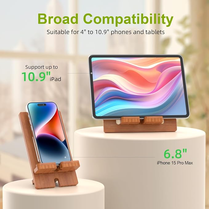Pezin &amp Hulin Cell Phone Tablet Stand Bamboo Wooden Smartphone Desktop Dock Holder Compatible with Pad Tablet Mini E-Reader (Brown)