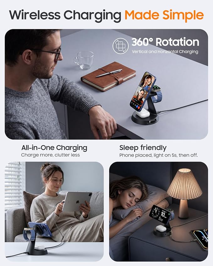 Meifigno 4 in 1 Magnetic Wireless Charger with 20W Fast Retractable Cable | Compatible with MagSafe Charging Station for Multiple Apple Devices with PD45W Adapter for iPhone 17/ 16/ iWatch/ Earbuds