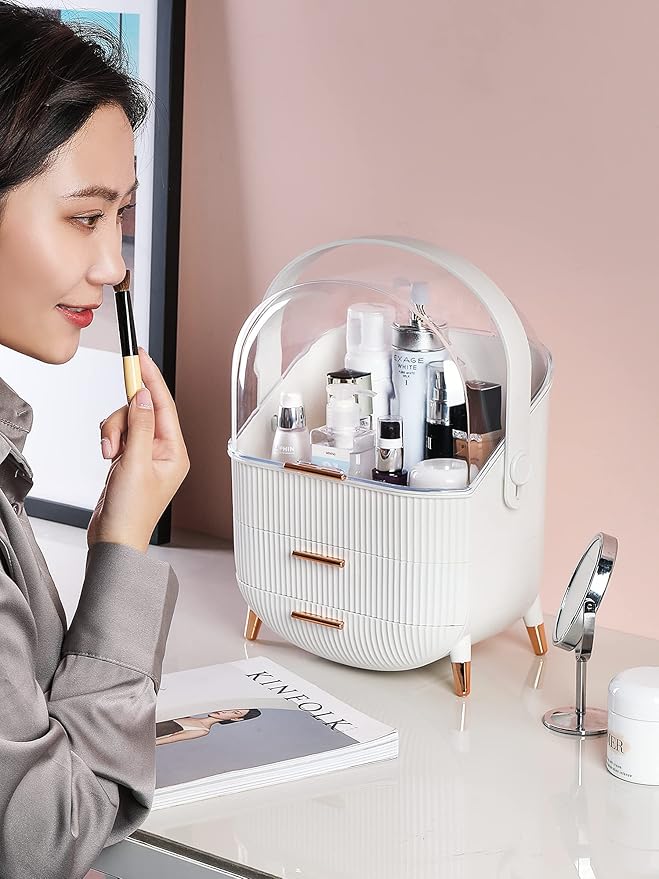 Makeup Storage Organizer for countertop，Cosmetics Display Case with 2-Layer Storage Box and Transparent Cover, Keep Bedroom Vanity Organizer Clea, Milky white