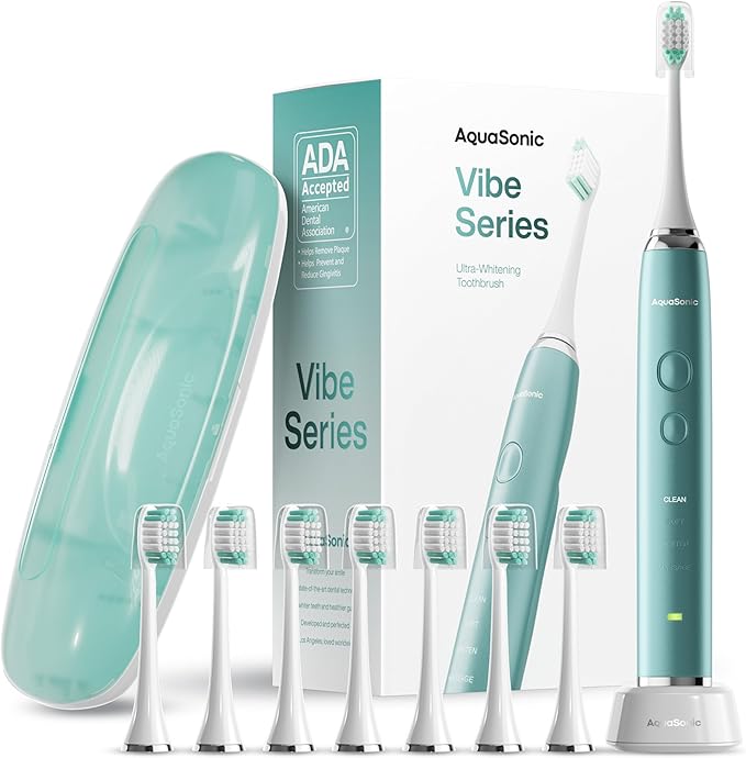 Aquasonic Vibe Series Ultra-Whitening Toothbrush – ADA Accepted Power Toothbrush - 8 Brush Heads & Travel Case – 40,000 VPM Motor & Wireless Charging - 4 Modes w Smart Timer – Mint Green Metallic
