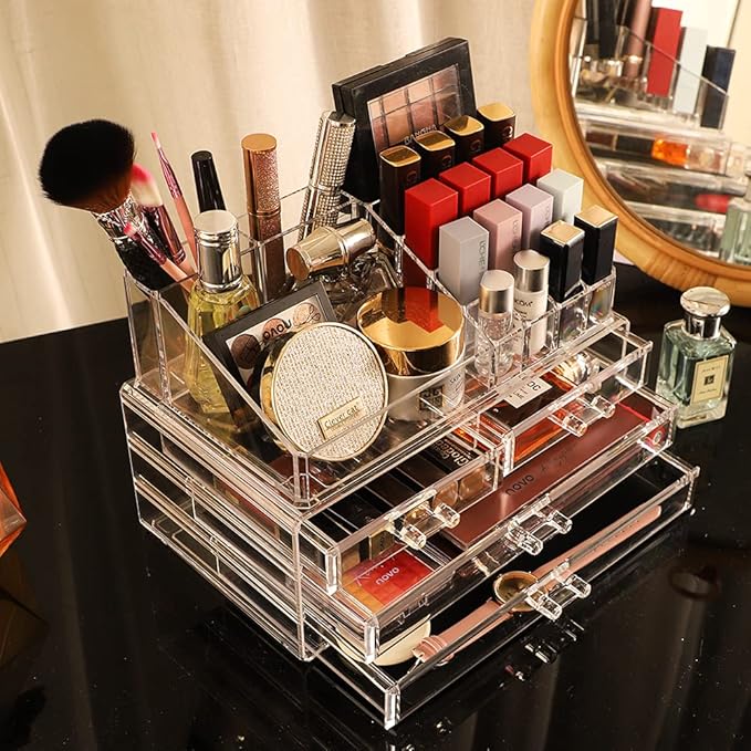 Cq acrylic 2 Pack Clear Make Up Organizer Countertop,Stackable 4 Drawers Makeup Storage,Cute Vanity Organizers for Dresser Hair Clip,Jewelry,Beauty Product Desk and Bathroom Organizers and Storage