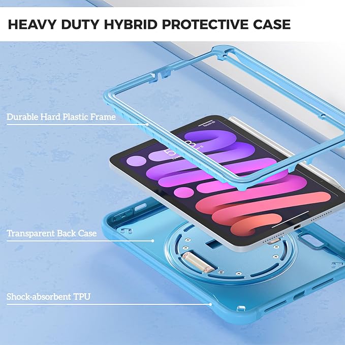 ProCase Rugged Case for iPad mini 7th(A17 Pro) 2024 / 6th Gen 8.3 2021 | Heavy Duty Shockproof Rugged Cover with Hand Strap 360 Degree Rotatable Kickstand Protective for iPad mini 8.3 -Black