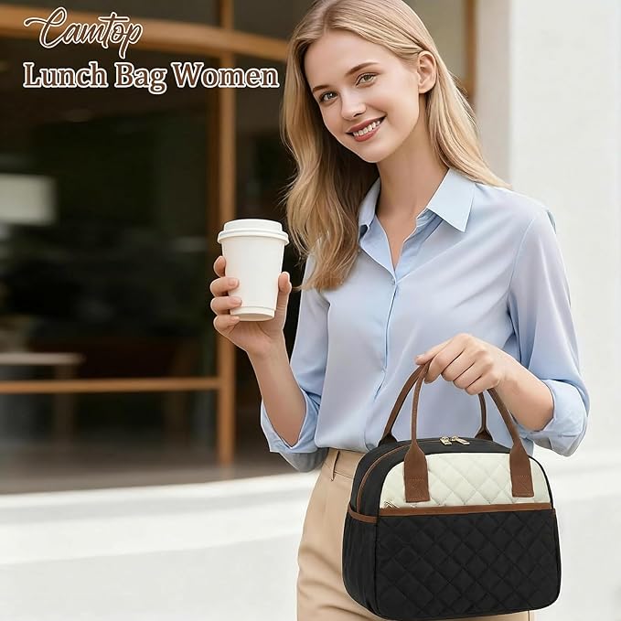 CAMTOP Lunch Box for Women Men Insulated Lunch Bag Lunch Tote Bag Leakproof Thermal Cooler Large Capacity for Travel Work School Picnic (Black White Brown)