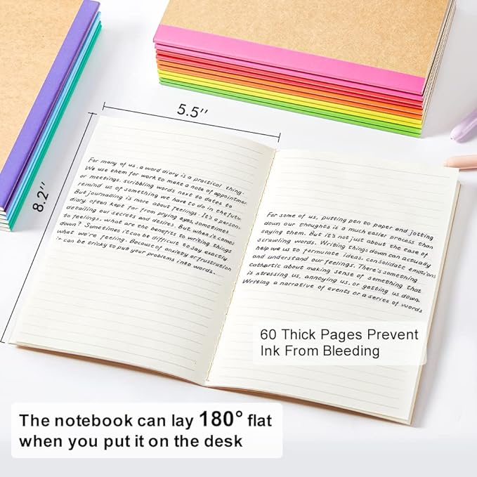 32 Pack Composition Notebooks Bulk, Feela Kraft Cover Lined Blank College Ruled Composition Travel Journals with Rainbow Spines For Women Students Business, 60 Pages, 8.3”x 5.5”, A5, 8 Colors