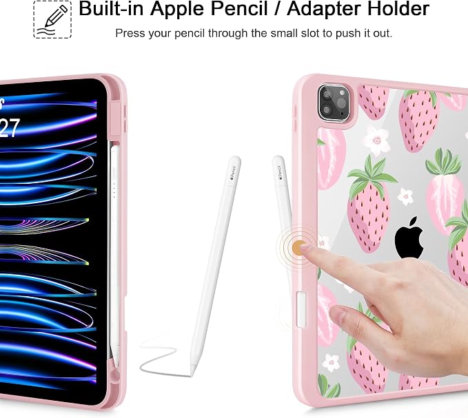 May Chen Case for iPad 12.9 Inch (6th/5th/4th/3rd Generation 2022/2021/2020/2018) Pencel Holder + Trifold Support Auto Sleep/Wake Transparent Shockproof Back Cover Blue Bows