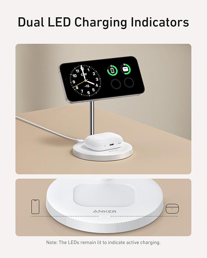 Anker MagSafe Compatible MagGo Charger Stand, iPhone 17 Wireless Charger, 2-in-1 Charging Station, Qi2 Certified 15W Fast Charging, for iPhone 17/16/15/14/13/12, AirPods Pro (White, No Adapter)