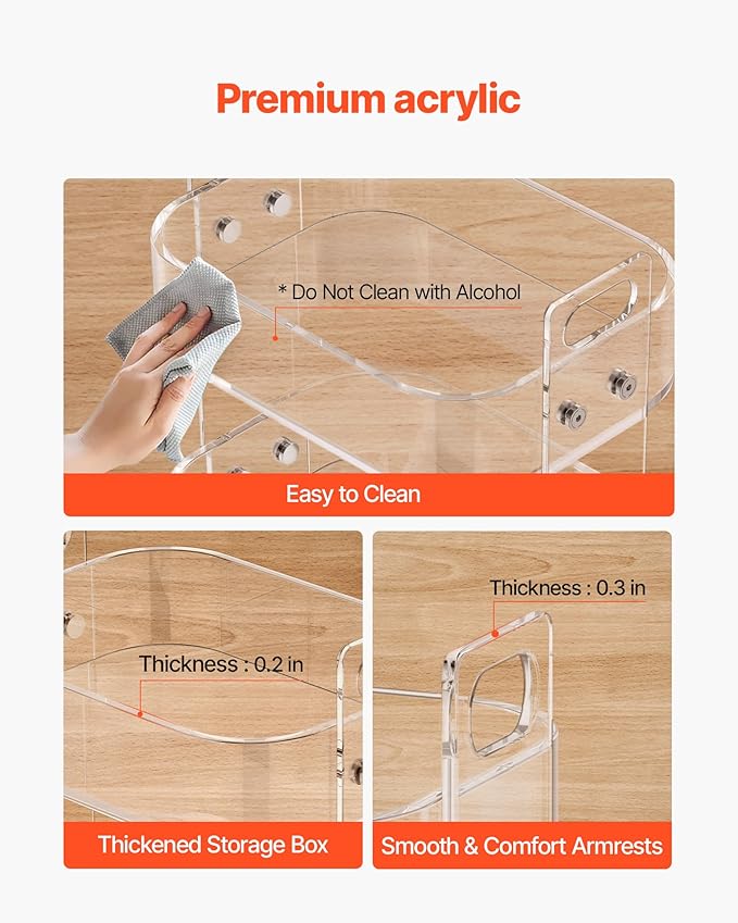 VEVOR Acrylic Bar Cart with 4 Lockable Wheels, Clear Mobile Utility Rolling Cart, Multifunction Serving Cart for Home Bar, Kitchen, Bathroom, Living Room, with Pulling Handle, 2-Tier, Modern
