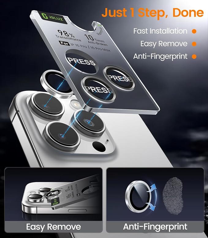 iGluz 2 Pack Anti-Reflection Camera Lens Protector for iPhone 17/16/16 Plus [98% Transmittance][1-Step Installation][Strong Adsorption] 9H Shatterproof Tempered Glass-Black