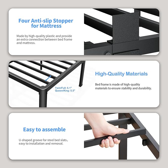 ROIL 14 inch Metal Queen Bed Frame with Rounded Corner and Headboard Hole Mattress Retainers 3500LBS Heavy Duty Steel Slats No Box Spring Needed Platform Noise-Free Easy Assembly