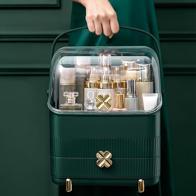 Preppy Skincare Organizers Makeup Organizer Holder Cosmetic Storage Box Display Case 3 Tiers Dust Free Cover Portable Handle 2 Rroomy Drawers Gift Great For Bathroom Countertop Dresser Dark Green