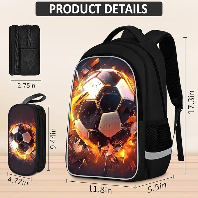School Backpack for Boys - 4pcs Soccer Boys Backpack with Lunch Box and Pencil Case for Kids Children Teens Elementary Middle School - Students Bag for Ages 6-18,17″Bookbag Travel Back Pack