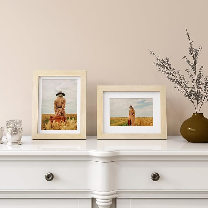 Egofine 6x8 Picture Frame Made of Solid Wood with Plexiglass, Display Pictures 4x6/5x7 with Mat or 6x8 Without Mat for Tabletop and Wall Mounting, Oak Wood