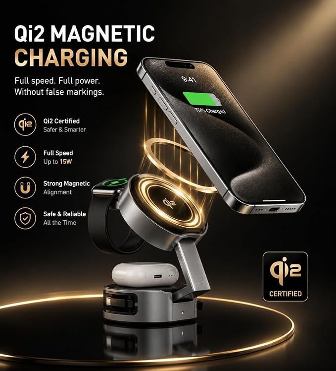 Wireless Charger Mini 3-in-1 | 15W Fast Charging Foldable Magnetic Desktop Charging Station for iPhone and Apple Watch