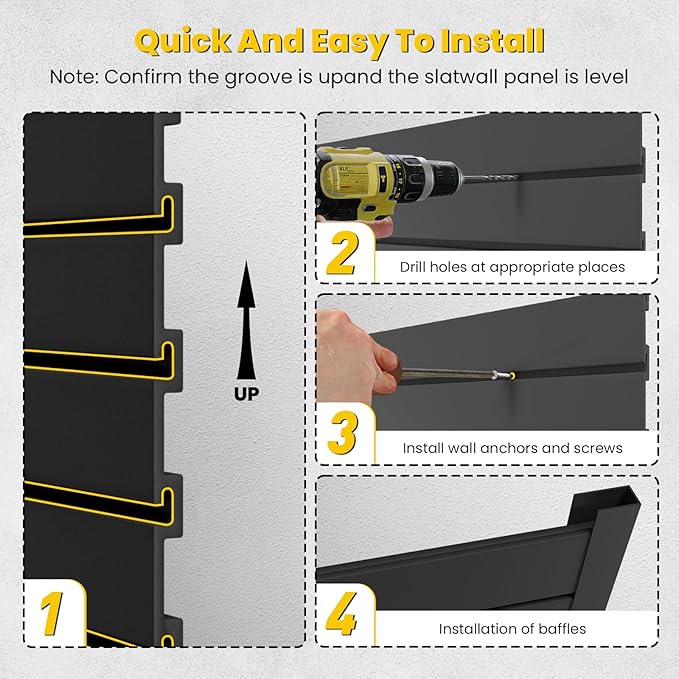 Slat Wall Paneling 4x8 FT, PVC Slat Wall Panels Heavy-Duty Garage Organization System with Hooks & Accessories, Slatwall Pegboard Suitable for Home、Garage、Shop Display & Organization (Black)