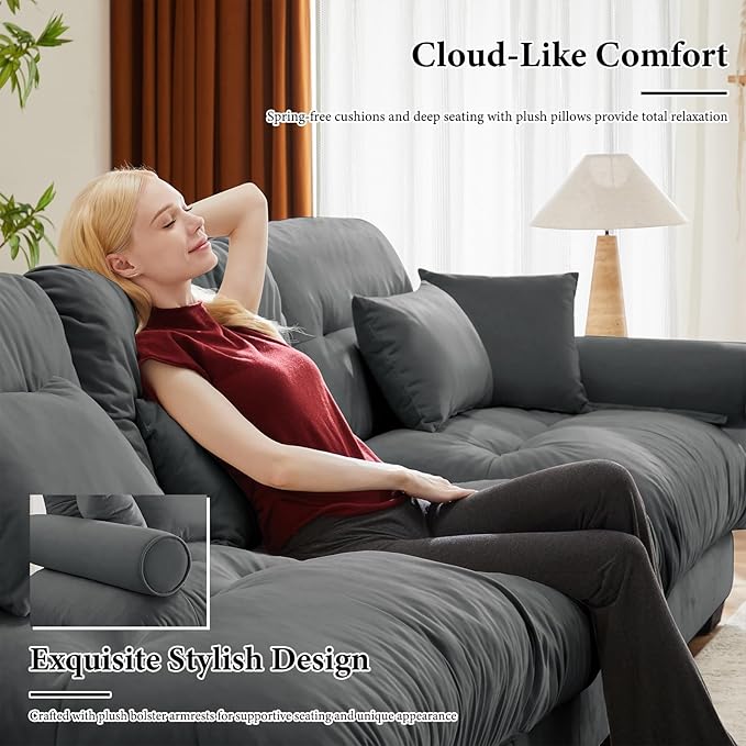 93.7” Oversized Grey Velvet Loveseat Sofa, Deep Seat 2-Seater Modular Sectional Couches for Living Room with 2 Ottoman, Cloud Home Sofas Set, Love Seat Couches