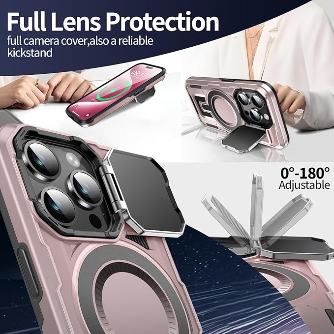 Camera Stand Case for iPhone 15 Pro Max, [Compatible with Mag Safe] [Lens Cover] 2024 Version Military Grade Protective Soft Case for iPhone 15 Pro Max 6.7 inch Men Women, Pink