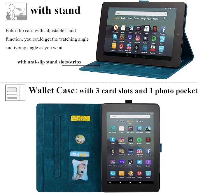 Kindle Fire HD 8 Tablet Case (8th/7th/6th Generation)Smart Stand Synthetic Leather Cover with Auto Wake/Sleep [Card &amp Pencil Holder] for 8 Amazon Fire HD 8 (2018/2017/2016) Blue Sea Beach