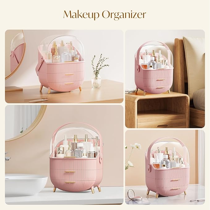 Makeup Organizers, Make Up Organizers for Vanity, Countertop Cosmetic Storage with Drawers and Transparent Cover for Bedroom Bathroom(Pink)