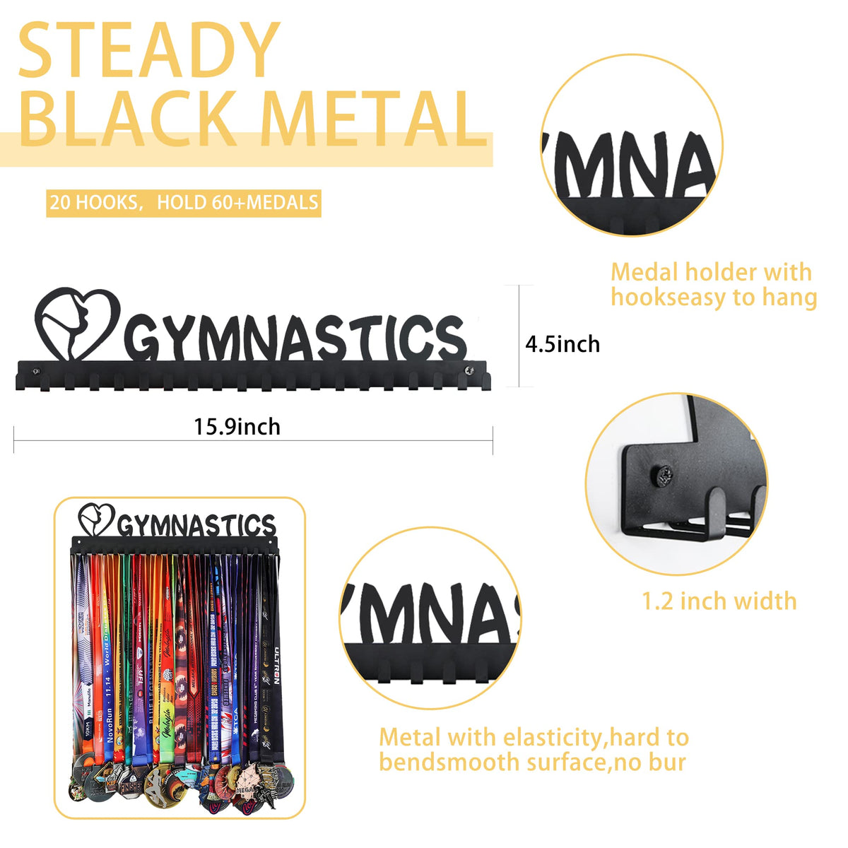 Medal Hanger Display - Wall Mount Steel Rack with 20 Hooks Holds 60+ Medals
