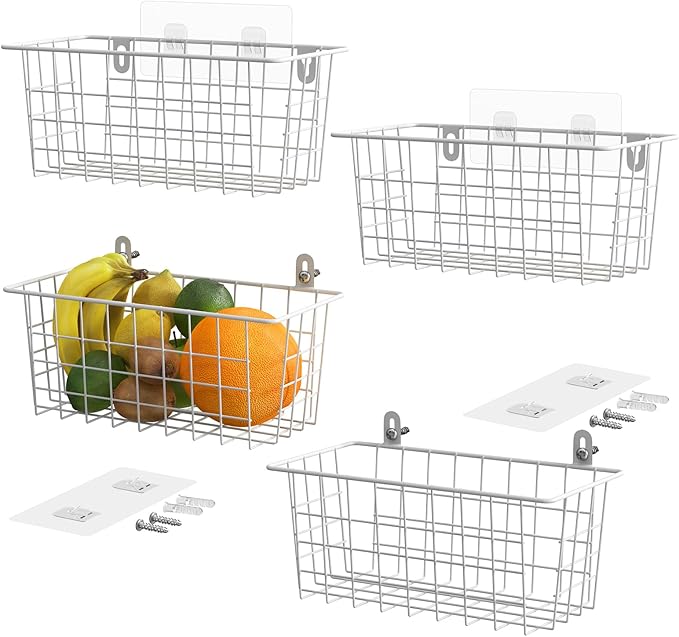 MaraFansie Hanging Kitchen Baskets Wire Storage Basket Adhesive and Screws Basket Over the Cabinet Door Organizer with Adhesive Strips and Screws Accessories, 4 Pack, White