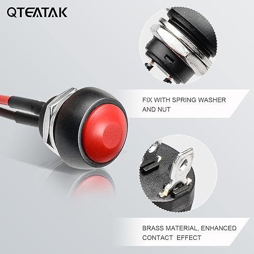 QTEATAK 1/2"(12mm) Pre-Wired Mounting Hole On/Off Red Mini Round Waterproof Momentary Push Button Switch JF-33B -2Pack