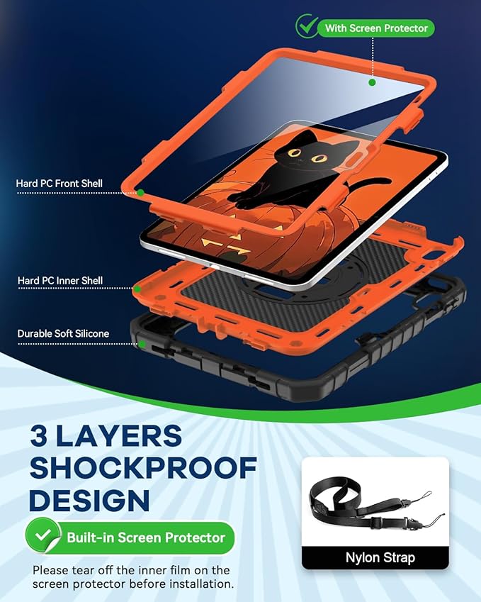 Cantis Case for iPad 11-inch (A16) 2025/ iPad 10th Generation 2022 (10.9 inch) with Screen Protector, iPad 11th Case with 360 Degree Rotating Stand/Shoulder Strap/Pencil Holder, Black+Orange