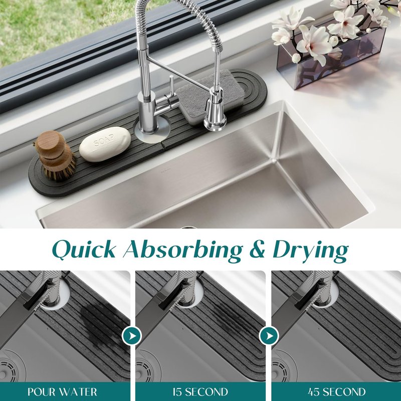 Dreatim Kitchen Faucet Absorbent Mat - Diatomite Stone Sink Tray, Quick Drying, Modern Design - Durable Faucet Drip Mat for Kitchen Sink and Bathroom Counter [17.7" x 3.9", Dark Grey]