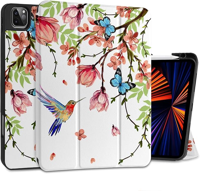 MEEgoodo for iPad Pro M2 12.9 Case 6th/5th/4th/3rd Generation 2022 2021 2020 2018 with Pencil Holder Tablet Cover with Soft TPU Back Shell Art Painted Flowers