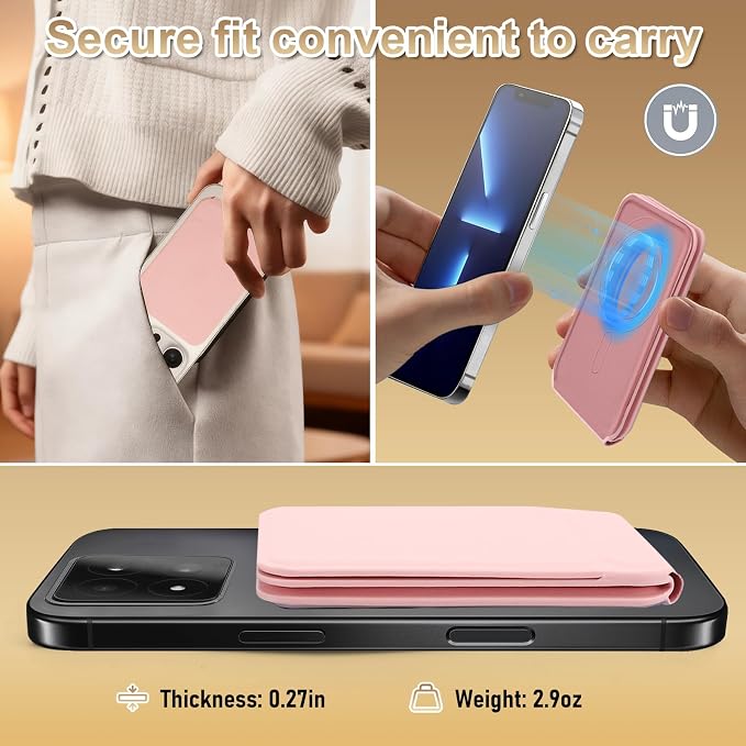 Magnetic Phone Stand Compatible with All Smartphones 17/16/15/14/13/12 Series Slim PU Leather Desk Stand with Angle Adjustment Portable &amp Includes 1 Strong Magnetic Ring for Any Phone(Pink)