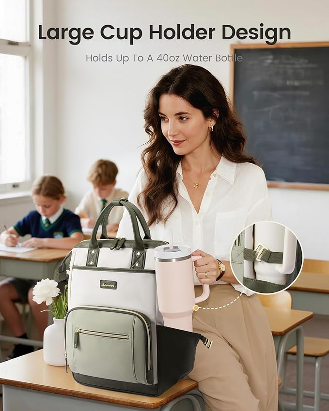 LOVEVOOK Laptop Backpack for Women with Giant Tumbler Holder,18 inch Professional Nurse Teacher Backpack Computer Laptop Bag,Cute Travel Backpack Purse Work College Bag,Beige-Bean green-Army green