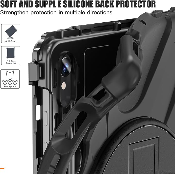 Case for Galaxy Tab S10 FE+ 13.1 2025 with Screen Protector+360 Rotating Hand Strap&ampStand+Shoulder Strap (Black)