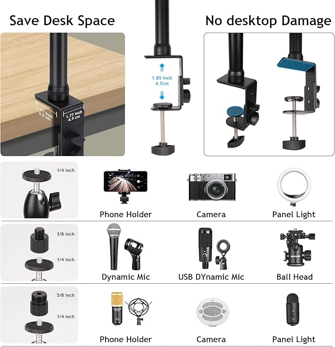 Taisioner Camera Desk Mount with 360° Ball Head, 15.7"-35.4" Adjustable Aluminum Alloy Stand - 6.6LBS Load C Clamp for DSLR, Ring Light, Live Streaming, Photo/Video Shooting
