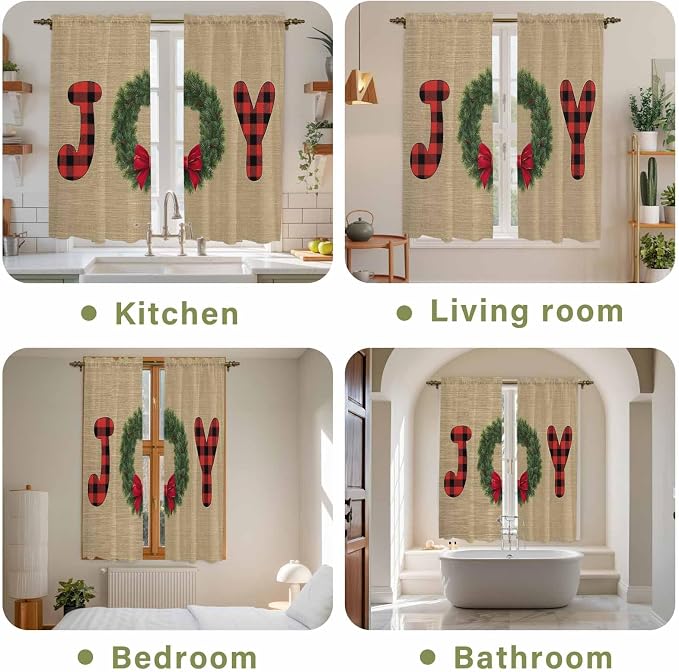 Red Green Christmas Window Curtains 63 Inch Long 2 Panel Set, Rod Pocket