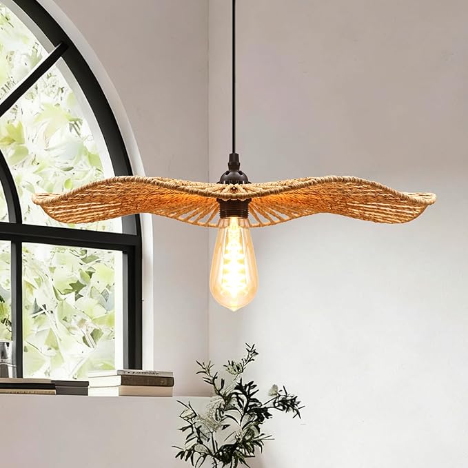15''Natural Rattan Chandelier Pendant Light-Farmhouse Boho Rattan Pendant Lights with Included E27 Bulb, 120V Wicker Pendant Lights for Dining Room Kitchen Island Bedroom Living Room
