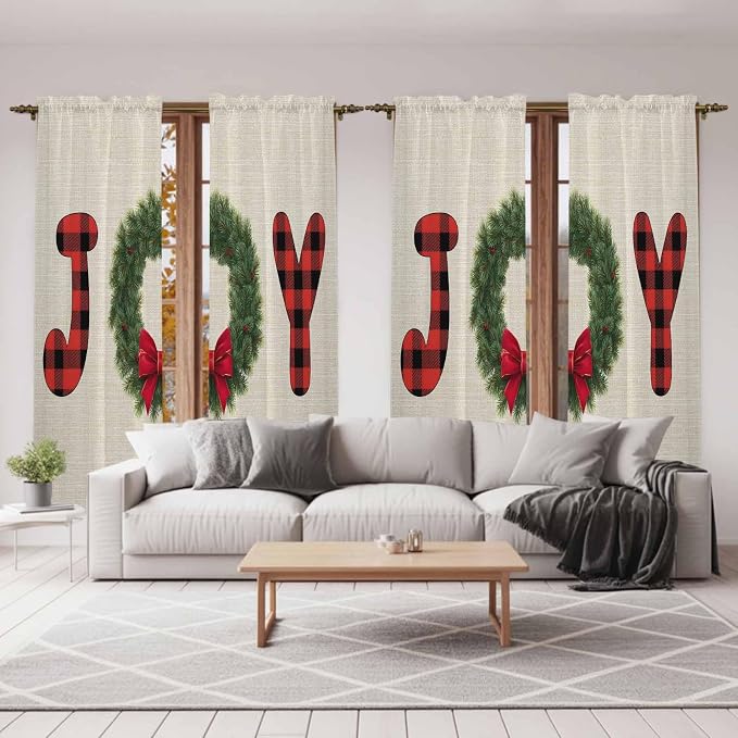 Red Green Christmas Window Curtains 72 Inch Long 2 Panel Set, Rod Pocket Long
