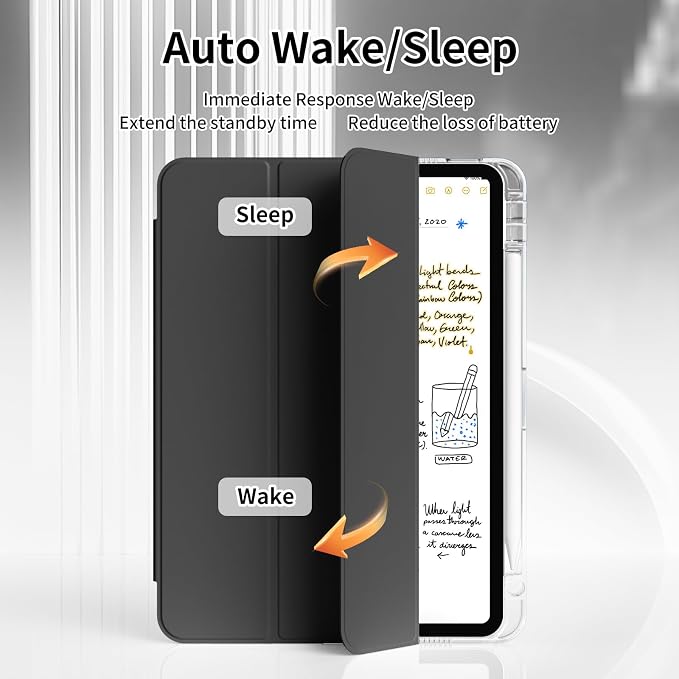 Case for iPad Air 11 Inch M4/M3/M2 Air 5th/4th Gen 10.9 Black | Pencil Holder Slim Trifold Stand Cover Clear Hard Back Shell Auto Sleep/Wake