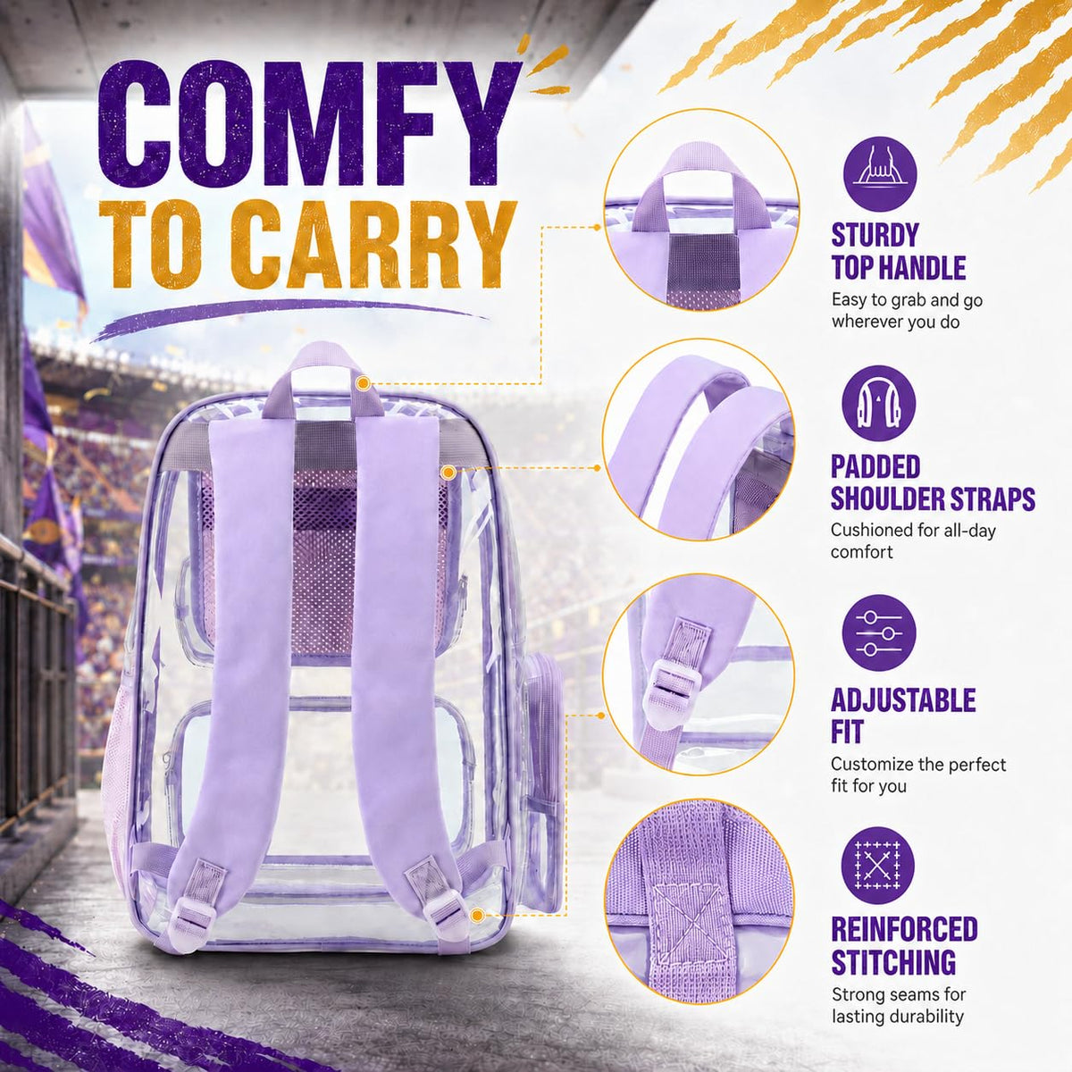 BTOOP Clear Backpack Heavy Duty Transparent Backpack 17" See Through Bookbag for College Work Festival Security Padded Strap (Purple)