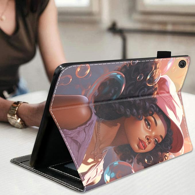 Case for Amazon Kindle Fire HD 10 Tablet 10.1 (9th/7th Generation 2019/2017 Release) Slim Folding Stand Folio Cover with Card Slot &amp Auto Wake/Sleep - African American Girl