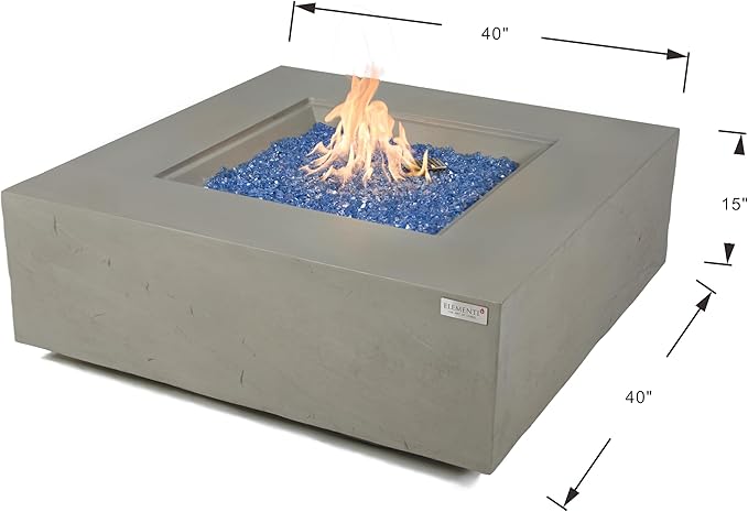 Elementi+ | Bergen Gas Fire Pit Cast Concrete 40" Square Fire Table, Outdoor Fire Pit Electronic Ignition | Canvas Cover, Fire Glass and Burner Lid Included | Dark Gray | Natural Gas