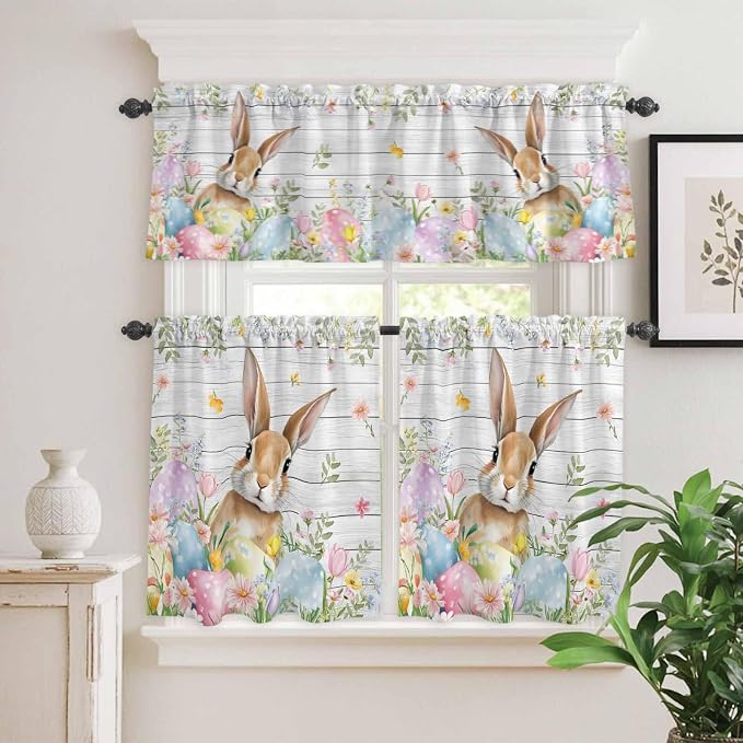 Kitchen Curtains Tiers and Valance Set of 3, Easter Light Filtering Window
