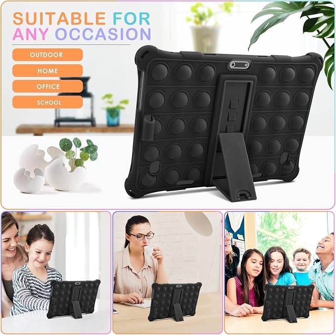 DETUOSI Silicone Case for 10.1 inch Tablet Multi-Angle Case Black | with Shoulder Strap and Stylus Pen Adjustable Stand Built-in Pen Holder Funny Protective Cover for 10.1 inch Tablet