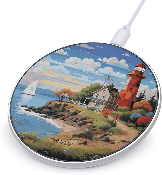 Coastal Lighthouse Wireless Charger with USB Cable Qi-Certified 10W Fast Wireless Charging Pad Portable Charging Station Anti-Slip Slim Charger Mat for All Qi-Enabled Phones