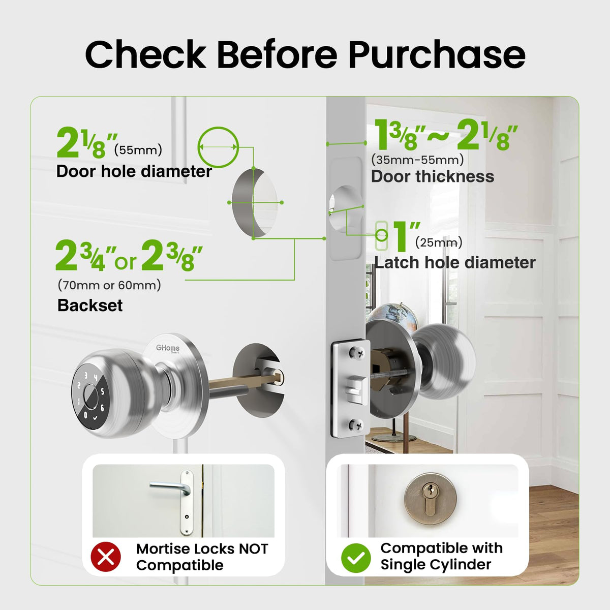 GHome Smart Fingerprint Door Lock, Fingerprint Door Knob with Keypad & App Control & Keys, Auto-Lock, Door Locks for Bedroom/Home/Garage/Apartment/Office, Local Data Storage