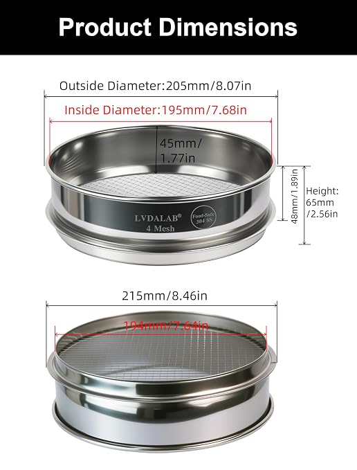 All 304 Stainless Steel 4 Mesh Test Sieve, 8 Inch/20cm Diameter, Lab Sifter &
