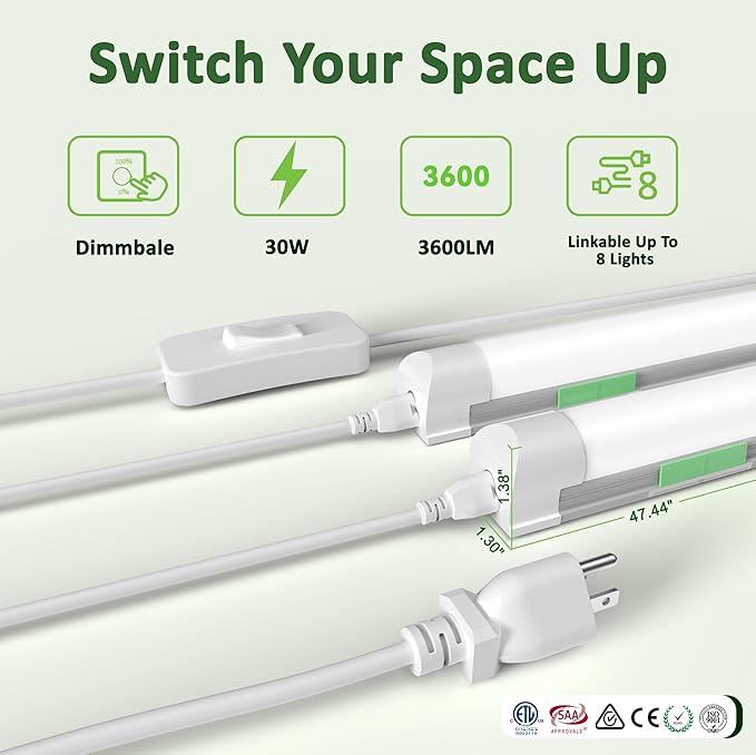 6 Pack Dimmable 4FT Led Shop Lights,30W T8 Integrated LED Tube Light,3000-6500K Tunable,3900LM W Frosted Cover,High Output,Linkable,Plug and Play Lights for Workshop,Garage,Basement,Barn